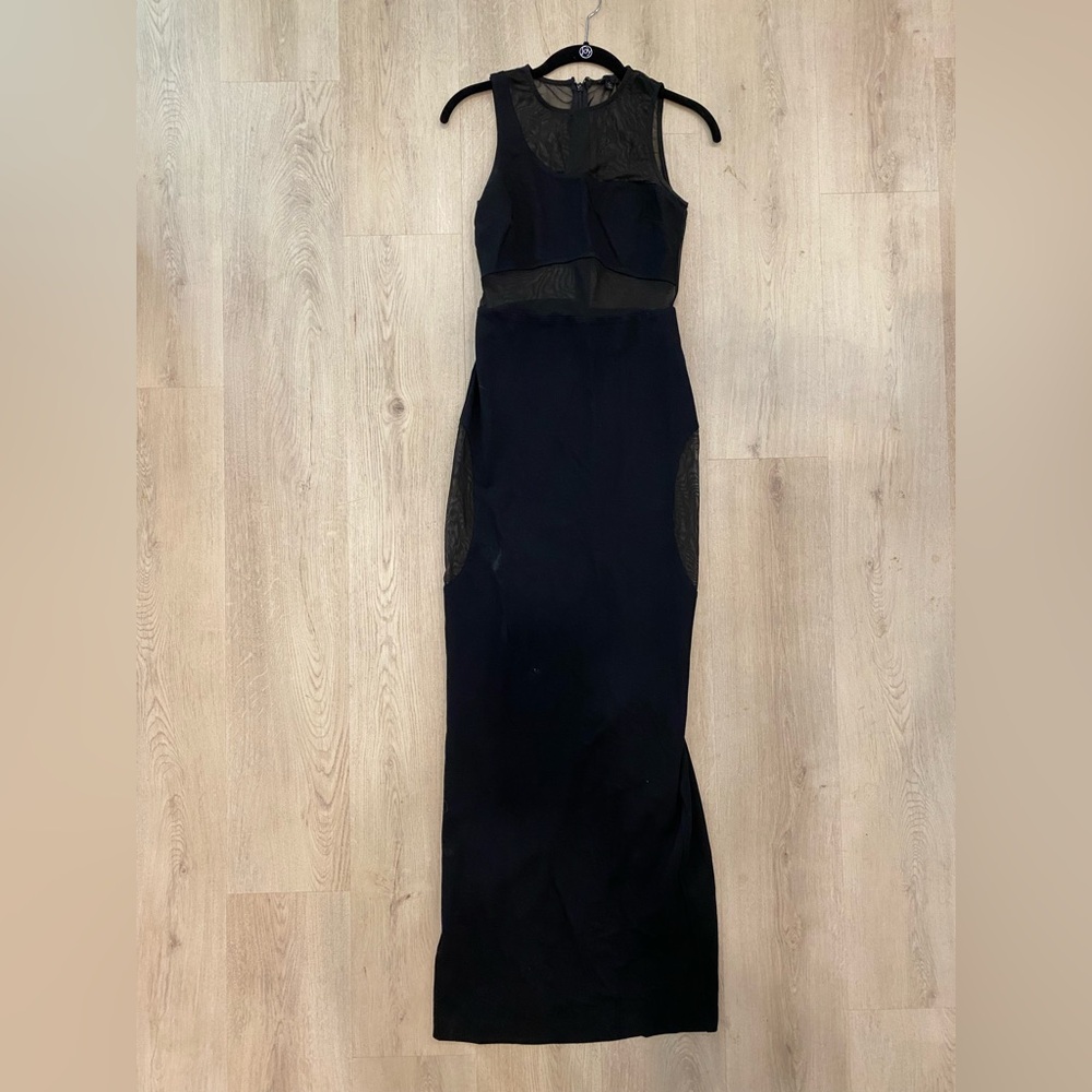 NBD black dress with sheer details and slit